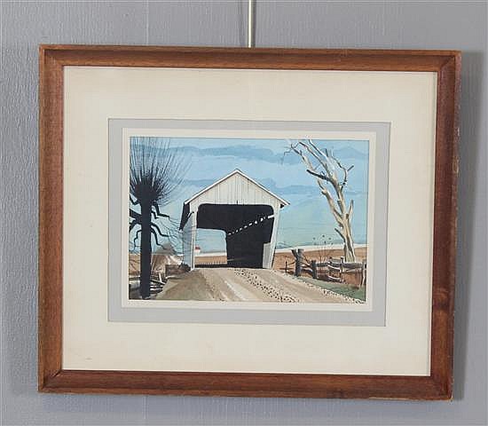 LELAND MCCLELLAND WATERCOLOR COVERED BRIDGE, SIGNED LOWER RIGHT AND DATED 1965 25" X 21"