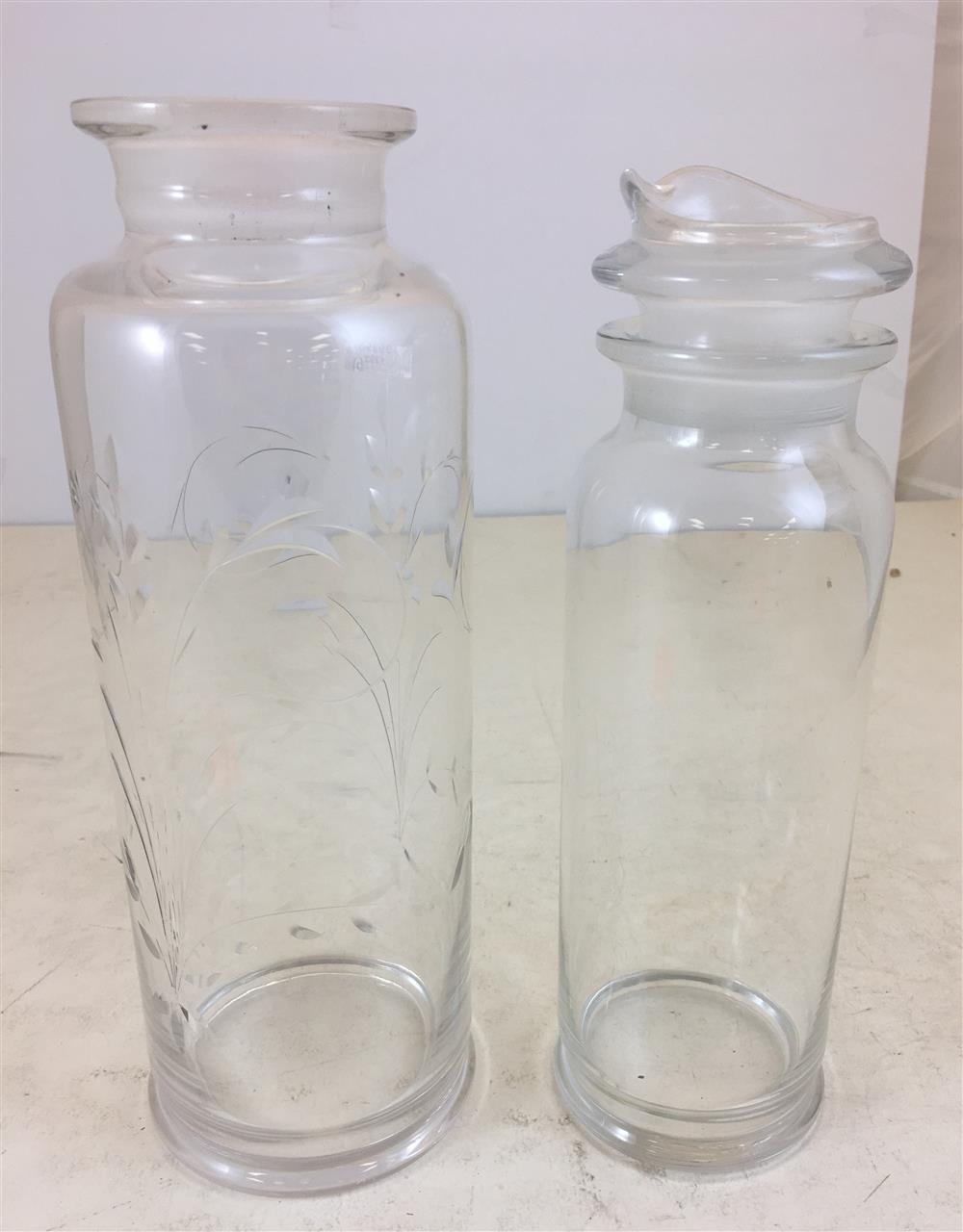 HEISEY COBEL 1 QUART COCKTAIL SHAKER, NO STOPPER, AND COBELL 2 QUART COCKTAIL SHAKER WITH CUTTING, NO STOPPER NOR STRAINER