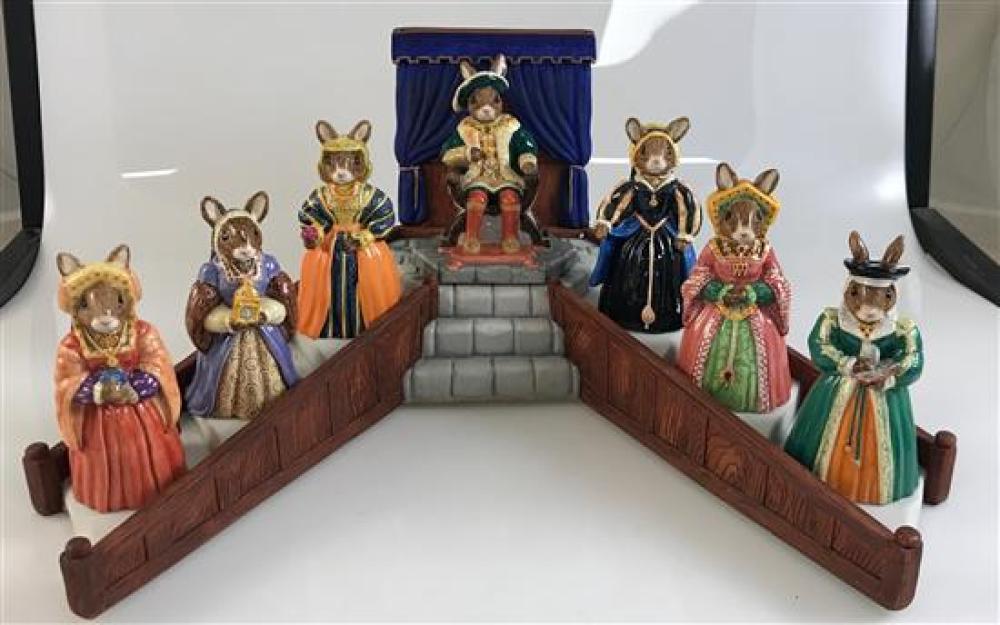 ROYAL DOULTON 4" TO 4½" BUNNYKINS TUDOR COLLECTION WITH HENRY VII, 6 WIVES, DISPLAY
