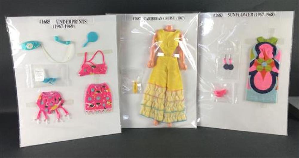 3 BARBIE OUTFITS INCLUDING "CARIBBEAN CRUISE" #1687 (ONE SHOE MISSING), "UNDERPRINTS" #1685 (MISSING COMB AND BRUSH), AND "SUNFLOWER...
