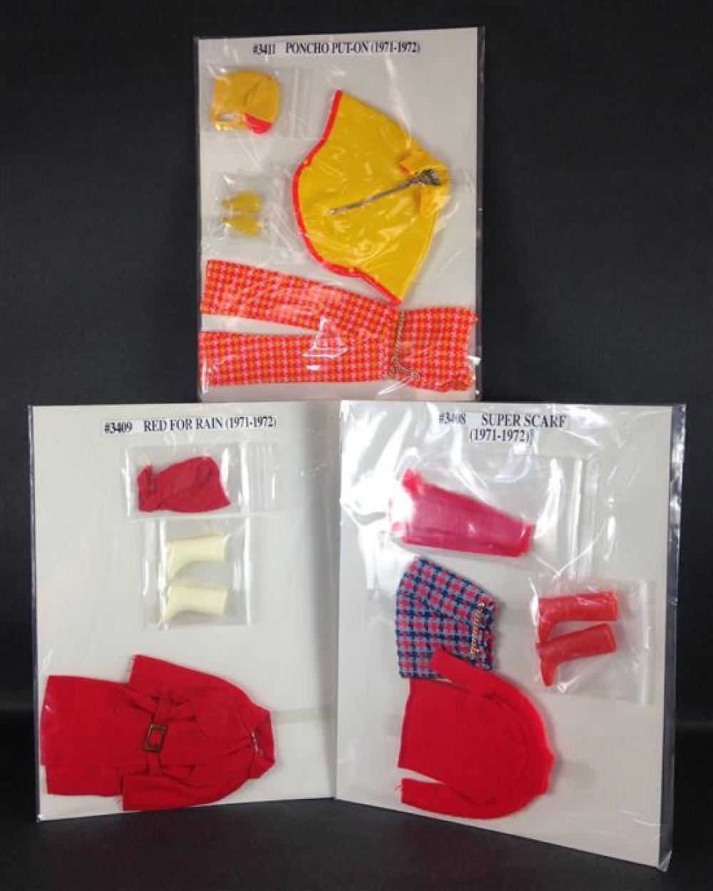 3 VINTAGE BARBIE OUTFITS INCLUDING "PONCHO PUT-ON" #3411 (COMPLETE), "RED FOR RAIN" #3409 (COMPLETE), AND "SUPER SCARF" #3408 (COMPL...
