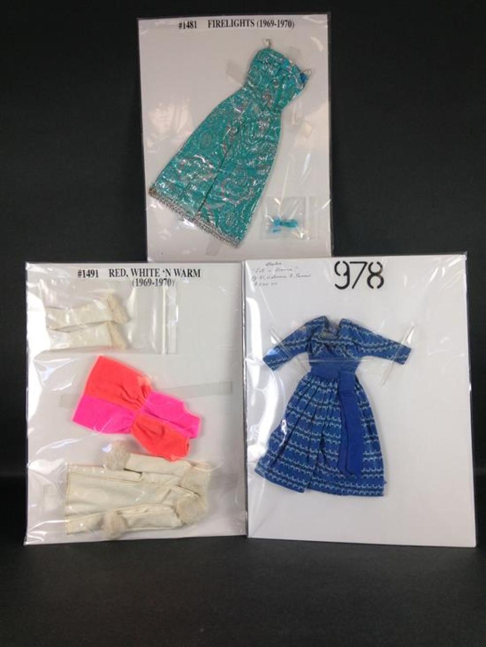 3 VINTAGE BARBIE OUTFITS INCLUDING "FIRELIGHTS" #1481 (COMPLETE), "RED, WHITE 'N WARM" #1491 (MISSING HAT AND BELT), AND "LET'S DANC.