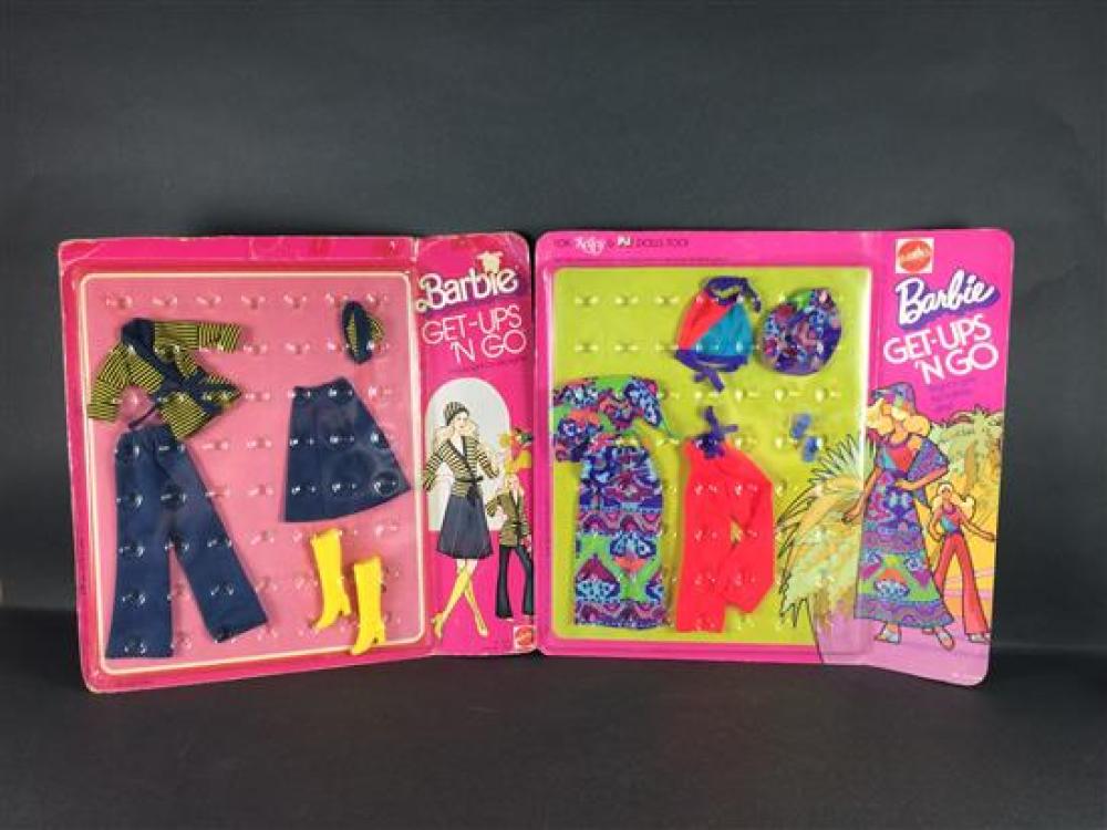 (2) NRFB VINTAGE 1970'S BARBIE GET-UPS 'N GO FASHIONS- #7241 "BRIGHT 'N GAY FOR HOLIDAY PLAY" AND #9152 "STRIPES RIGHT FOR CITY SIGH