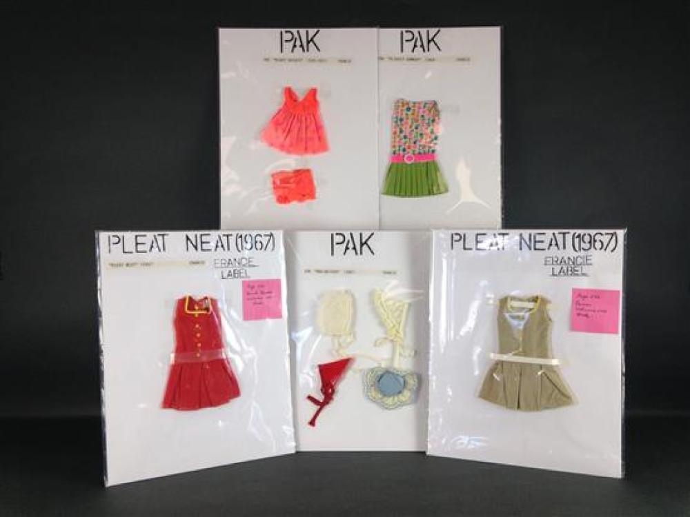 5 FRANCIE OUTFITS INCLUDING 2 "PLEAT-NEAT" DRESSES (BEIGE AND RED), "NIGHTY BRIGHTS" PAK (MISSING COMB AND BRUSH), "MAD-HATTERS" PAK...
