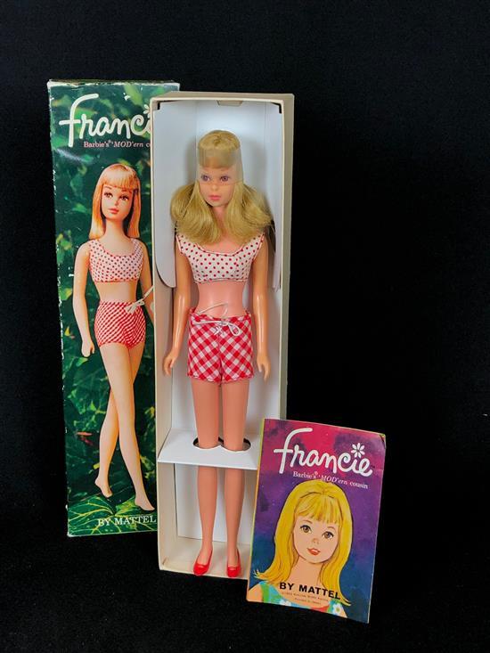 BLONDE STRAIGHT LEG FRANCIE IN ORIGINAL BOX WEARING ORIGINAL 2-PIECE SWIMSUIT WITH RED AND WHITE DOT TOP AND RED AND WHITE CHECK BOT...