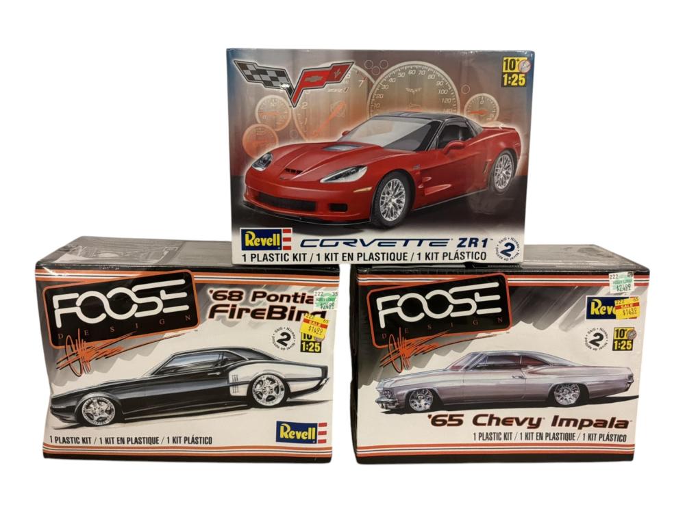 Revell 1:25 Plastic Model Car Kit Lot of 3; Corvette ZR1, Foose 68 Firebird, 65 Impala