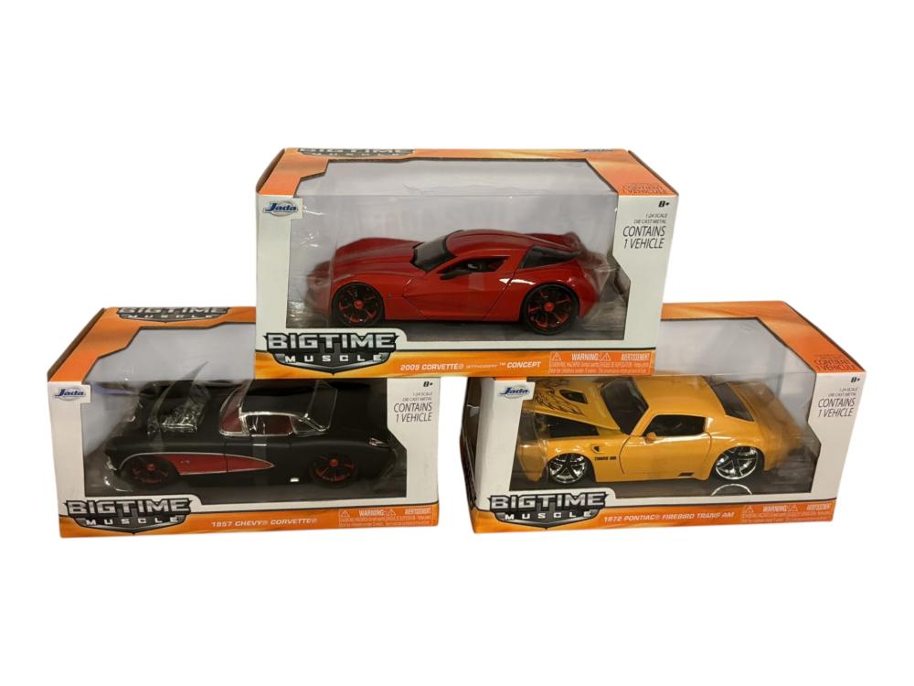 Jada Bigtime Muscle 3 Car Lot 1:24 Diecast 1957 2009 Corvette 1972 Trans Am NIB