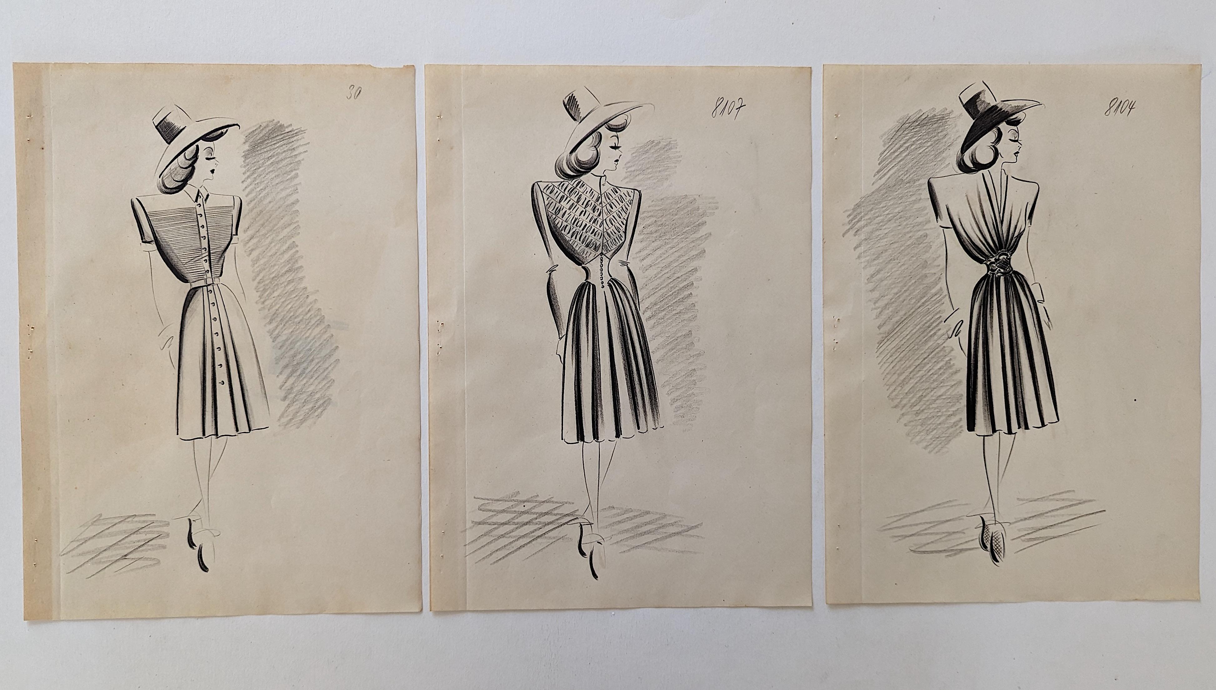 Vintage Set 3 Original Drawings Art Fashion Designs