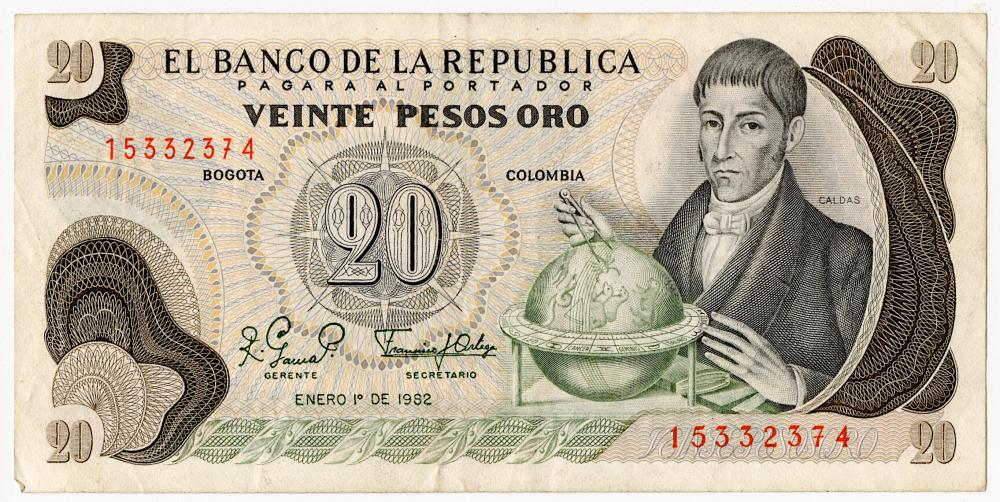 Bank Note Colombia Currency Money 20 Pesos, 1982