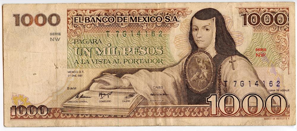 Bank Note Currency Money Mexico 1000 Pesos, 1981