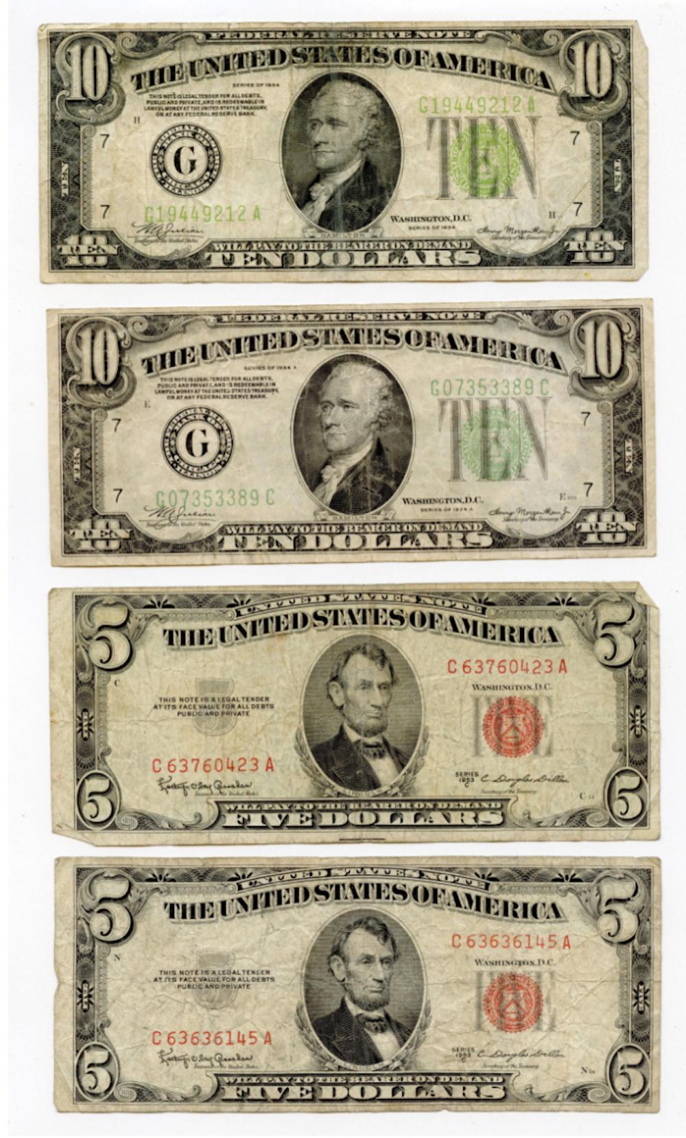 Currency Money Set Of 2 $10 And 2 $5 Dollar Bills Circulated Condition