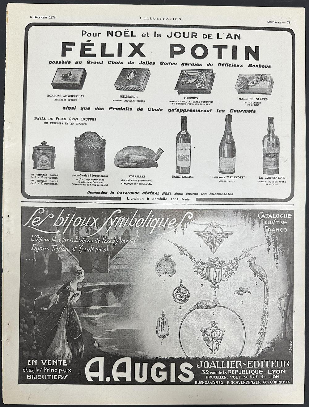 HISTORICAL JOURNAL: L'ILLUSTRATION 6 DECEMBRE 1924 ANNONCES 73 & 74