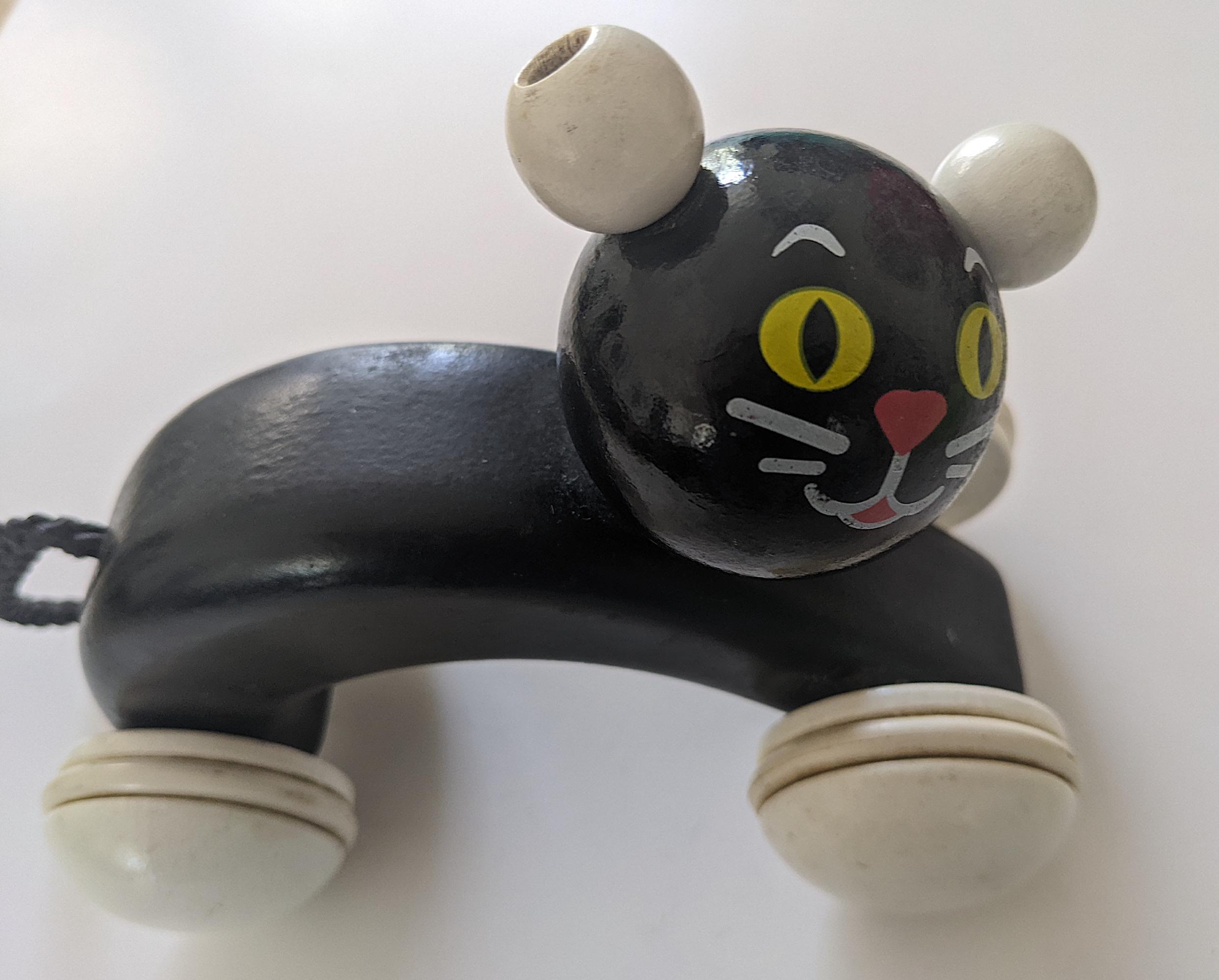 Vintage Rare Black Cat Wooden Pull Toy