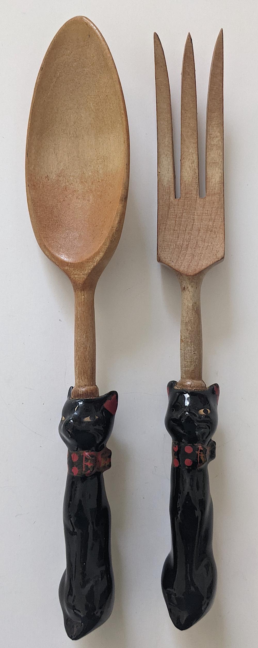 Vintage Shafford Black Cat Salad Utensils Fork & Spoon