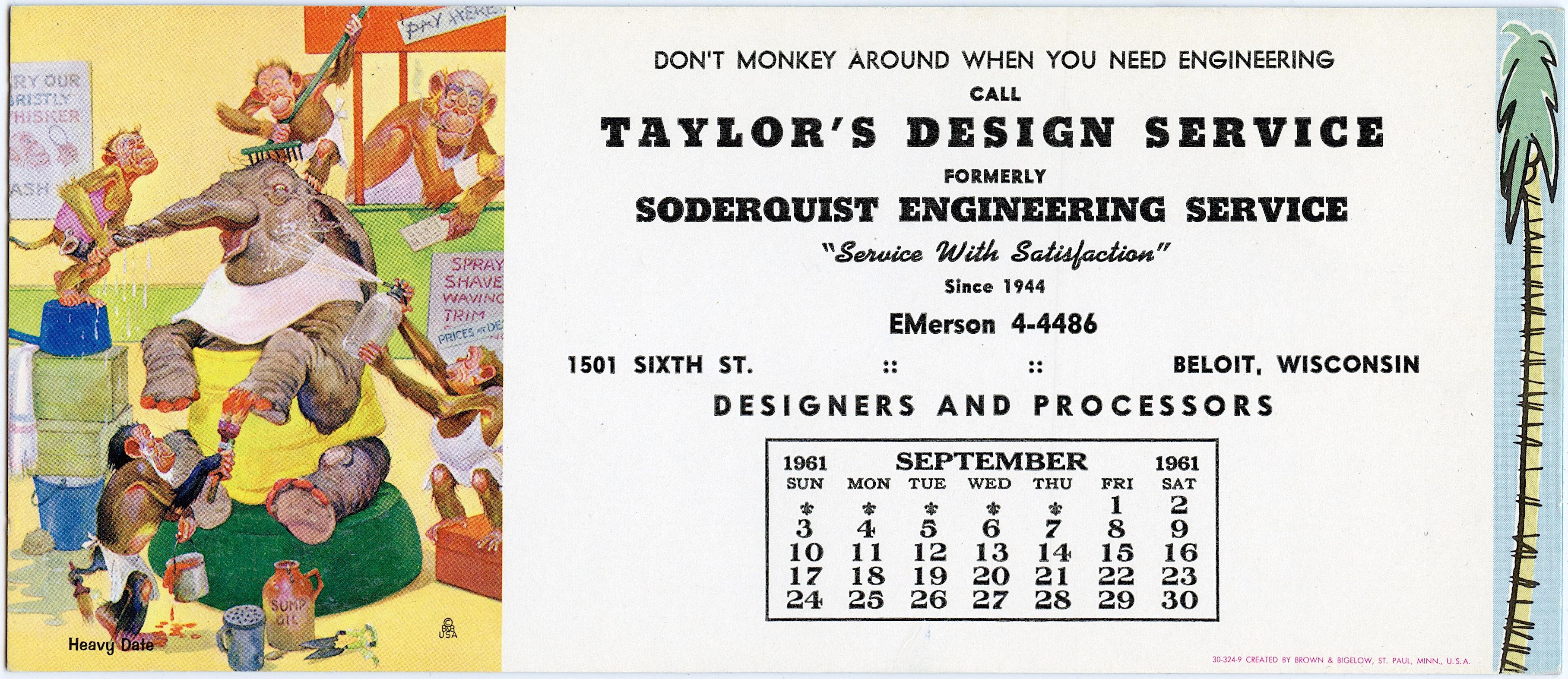 1960s Calendar Card Taylor's Design Service