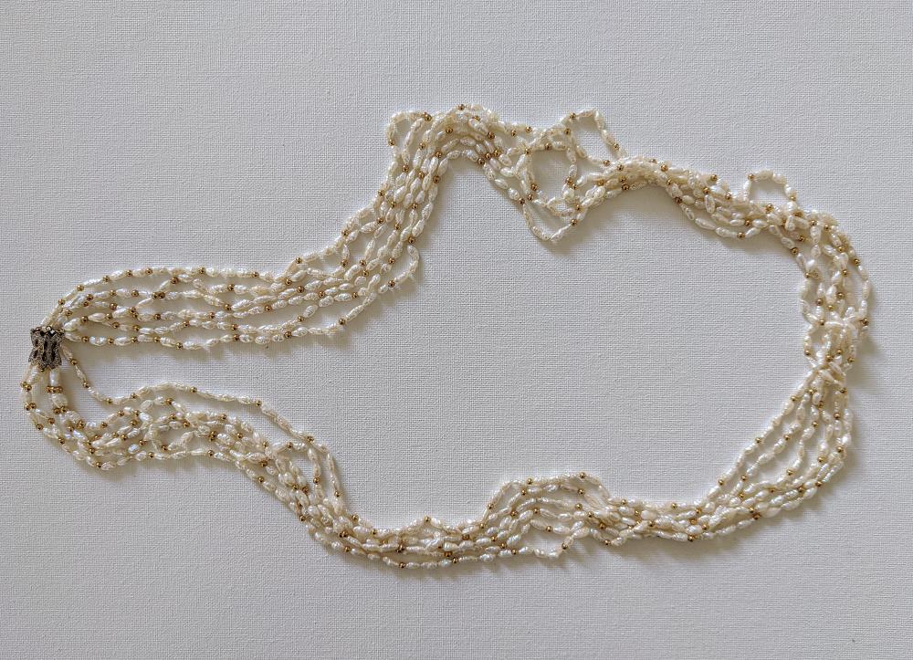 Vintage Necklace Baroque Pearls Gold 14K Diamonds 36" 6-Strand