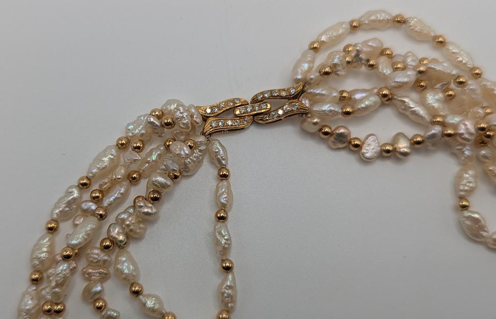 14K Gold Diamonds Cultured Fresh Water Pearl Necklace