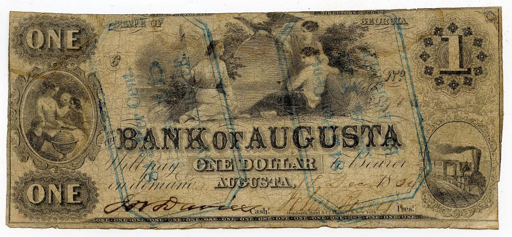 1861 Bank Of Augusta Georgia $1 Dollar Currency Note