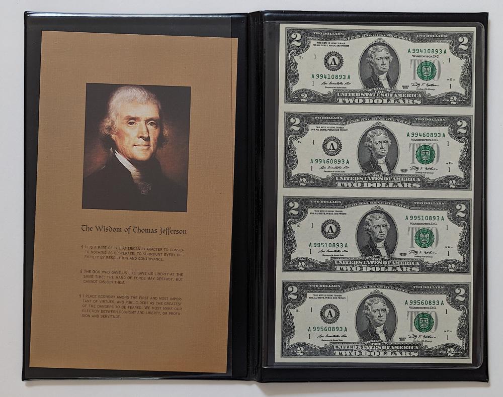Uncut Sheet of 4 $2 Two Dollar Bills 2009 Display Book