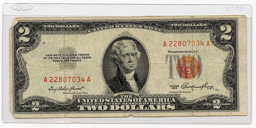 US $2 Dollar Bill Series 1953 Red Seal
