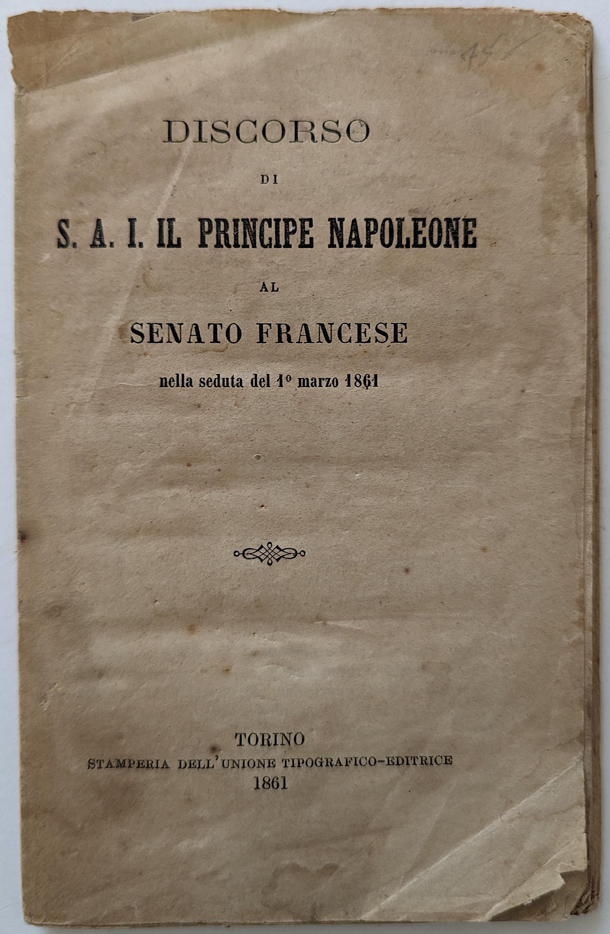 Antique Discorso S. A. I. IL PRINCIPE NAPOLEONE, Torino, 1861