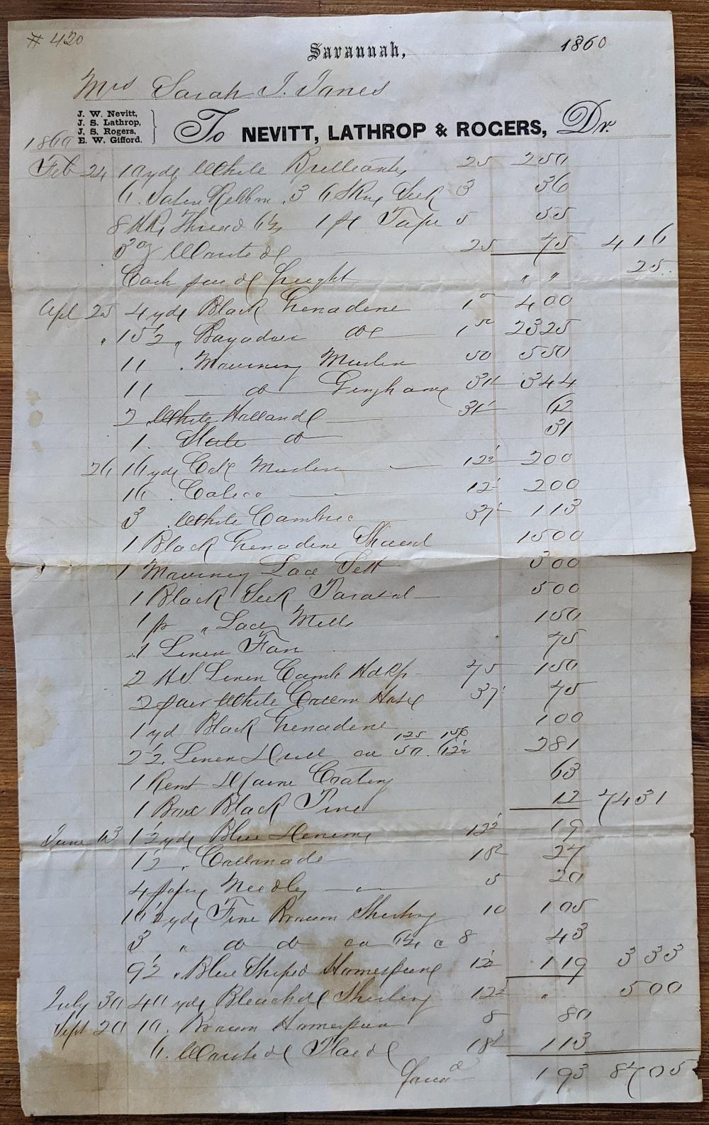 Antique Receipt Groceries Store, 1860