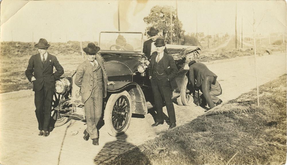 Antique Photo Gangsters Replacing Tire Cadillac Car