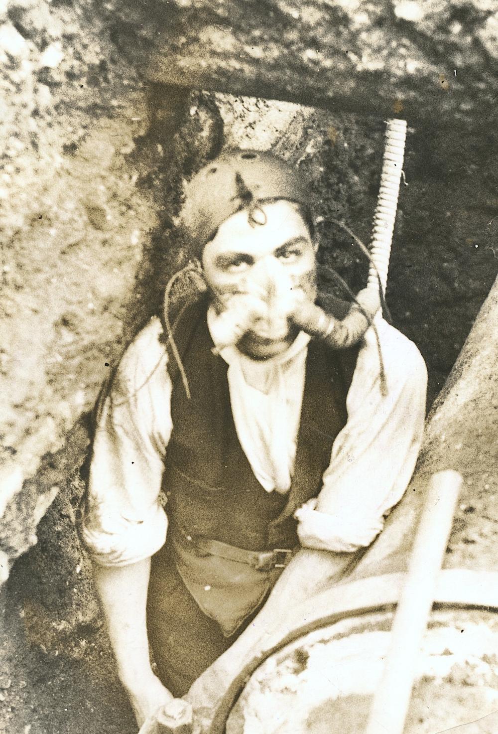 Antique Photo Gas Mask in a Trench, WWI