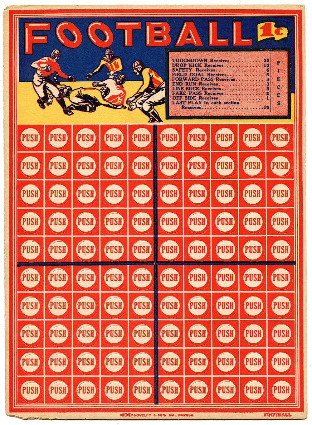 Vintage Sports Punch Board 1 Cent 1930s Football