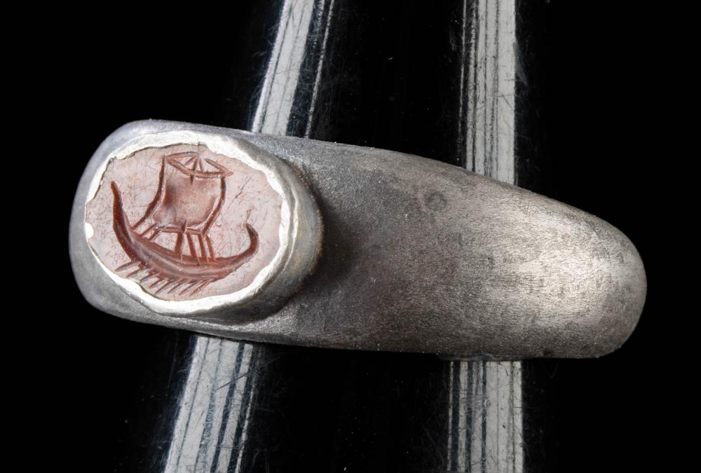 Roman Silver Ring w/ Jasper Intaglio of War Ship