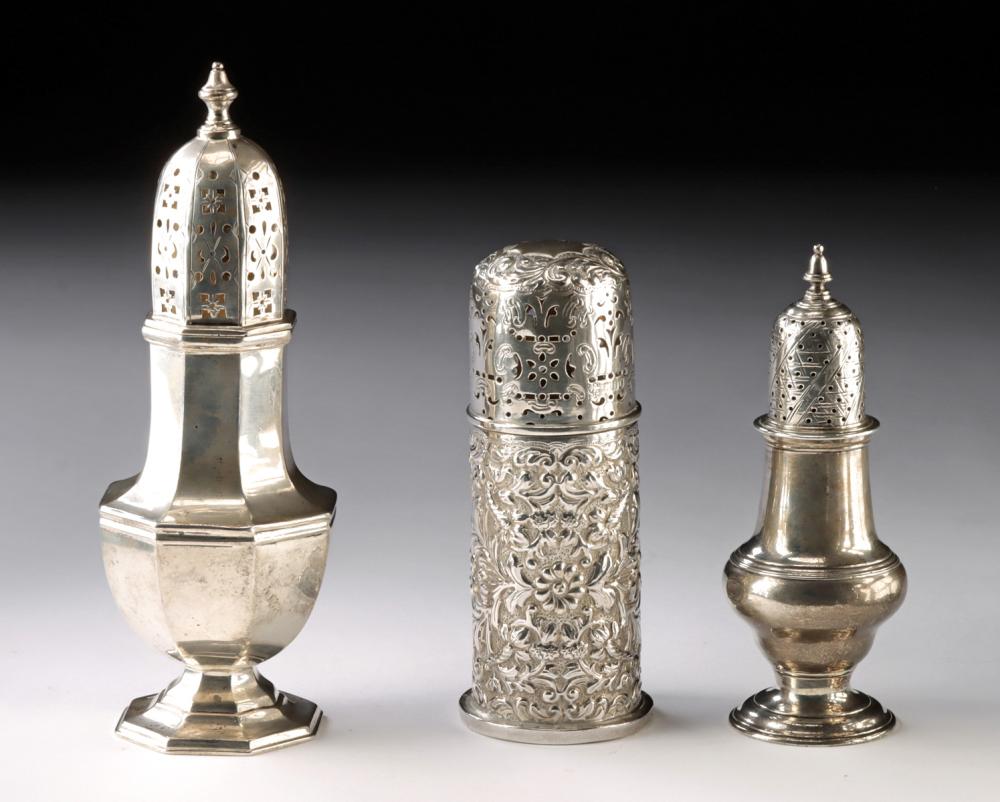 English Silver Sugar Casters - 3 Pieces, 1764-1929