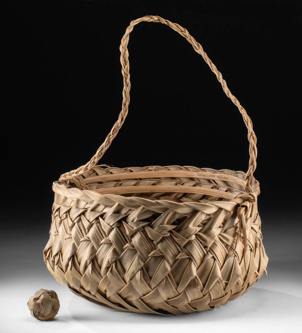 Traditional Hawaiian Coconut Palm Frond Basket by Okuma