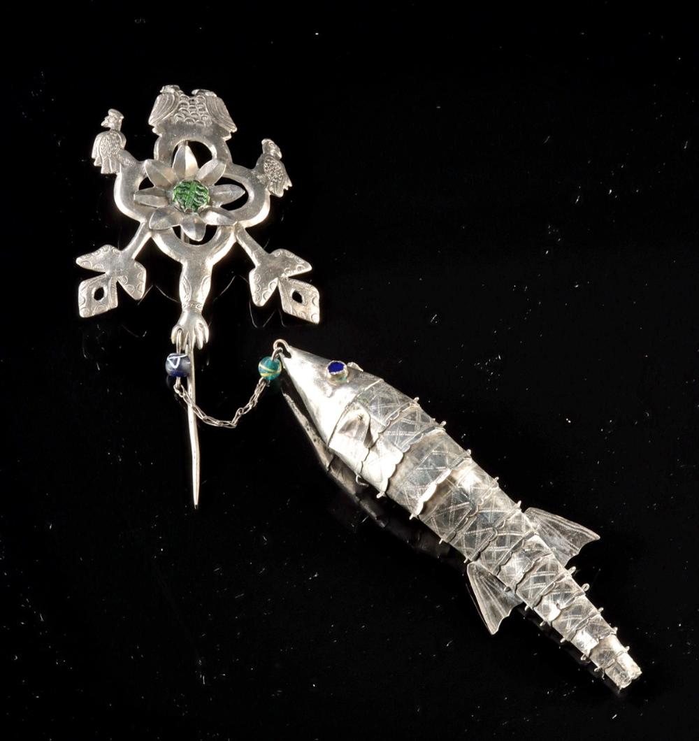 Andean Silver Tupu Pin - Fish & Peacock Pendant