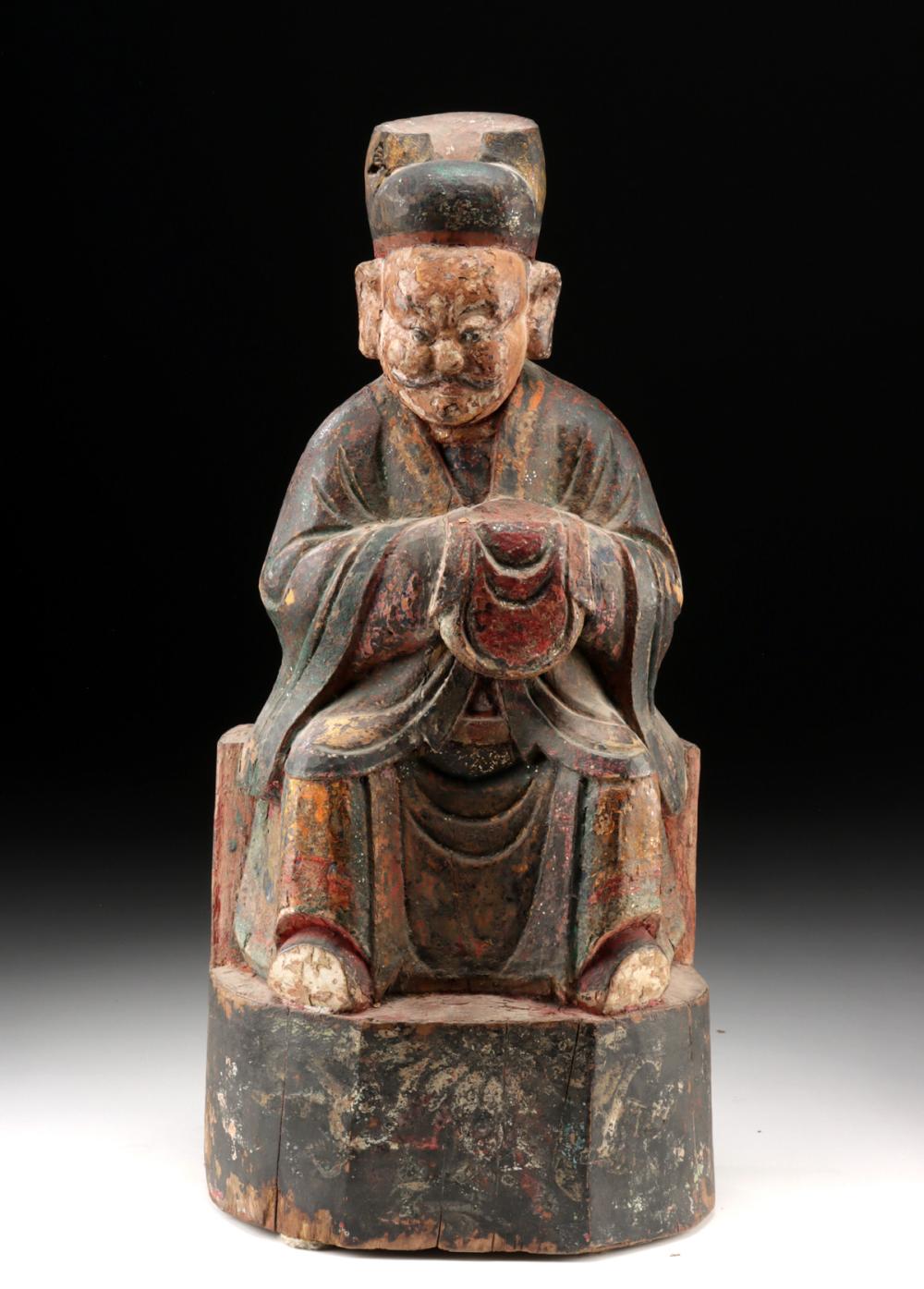 18th C. Chinese Qing Wood Wealth God - Offering Bag
