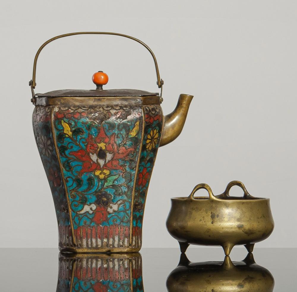 A CLOISONNÉ EWER AND A BRONZE CENSER