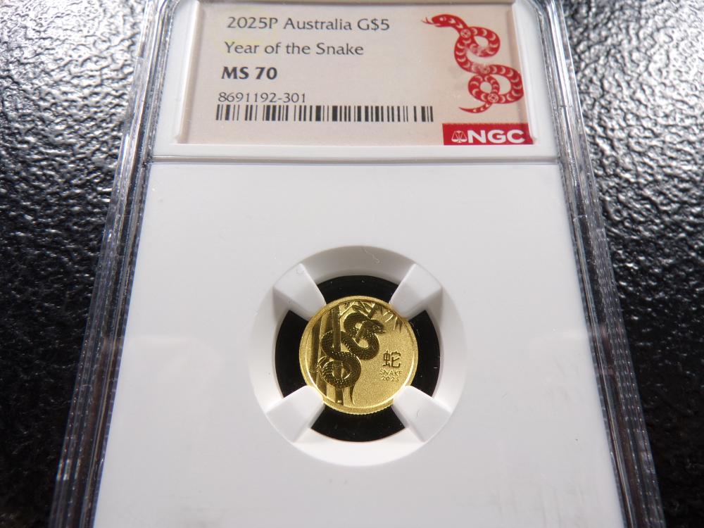 1/20th Oz. .9999 FINE GOLD 2025P Australia $5 Year of the Snake Coin - NGC MS70