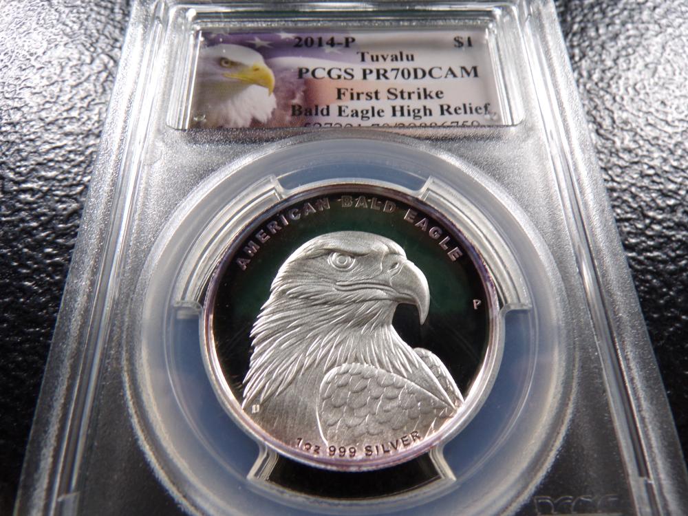 1 Oz. .999 FINE SILVER 2014-P PROOF Tuvalu $1 American Bald Eagle w/ Toning - PCGS PR70 DCAM *HIGH RELIEF - First Strike*