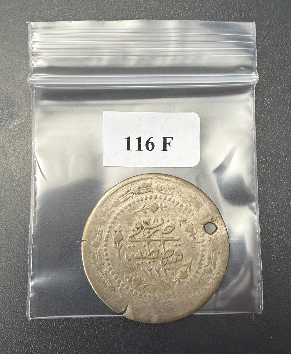 World Silver - Turkey AH1223/28 3 Kurus (holed)