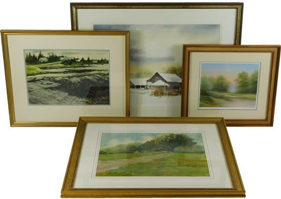 Three 20th C. watercolors and a print, all framed behind glass: P. B. Marsh, Maine coastal scene; one unsigned of cottage; the third...