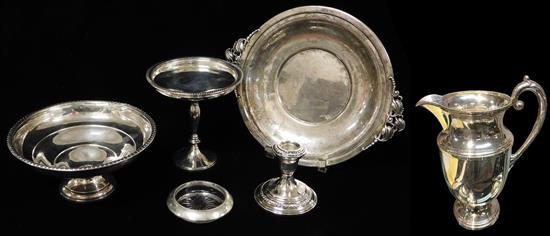 SILVER: Sterling hollowware, six pieces: water pitcher with scrolled handle, round footed base, 10" h.; round plate with pierces fol...