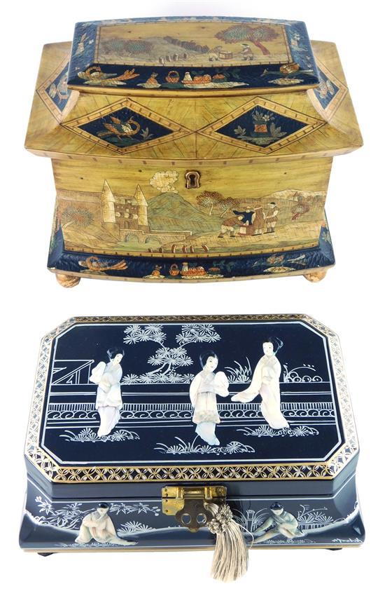 Two modern hinged lid boxes with Asian motifs: the first with black lacquer finish, mother of pearl relief figures, raised on four b...