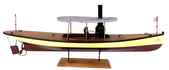 Model passenger steamboat, possibly c. 1880, accompanied by drawing and print of similar boat, hull painted yellow and maroon, plast...