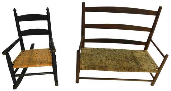 Child's bench and rocking chair, late 19th - early 20th C., both with rush seats, including: Shaker style bench with three arched sl..