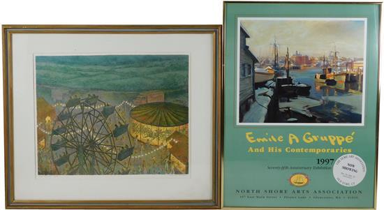 Two 20th C. framed prints: one a serigraph "Carnival" by Harvey Fuller, #22/200, depicts birds eye view of a country fair, pencil si...