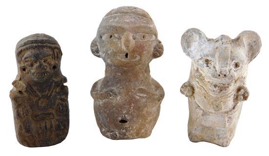 Three ceramic objects including Vera Cruz small censor with bat, Tlatilco figure and Mayan figure, tallest: 4 3/4" h. [Wear and cond...
