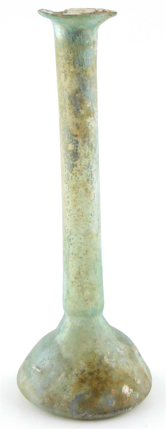 Roman Glass long neck vial (Unguentarium), light blue-green glass, rim chip, 6 3/8" h. x 2 1/8" dia. (base) [Wear and condition comm...