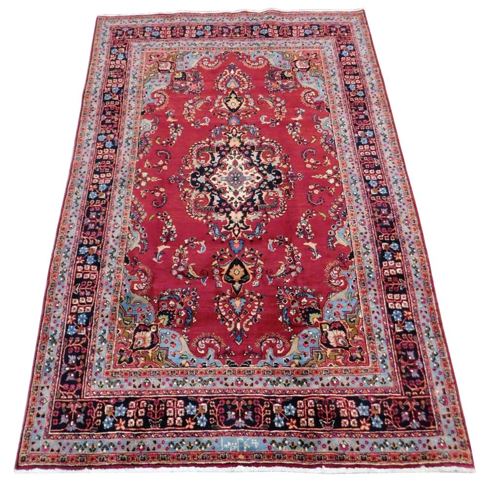 RUG: Semi-Antique Persian Mashed, 6' 6" x 9' 8", merlot field, ensconced in navy border, light blue guard border, navy and cream med.