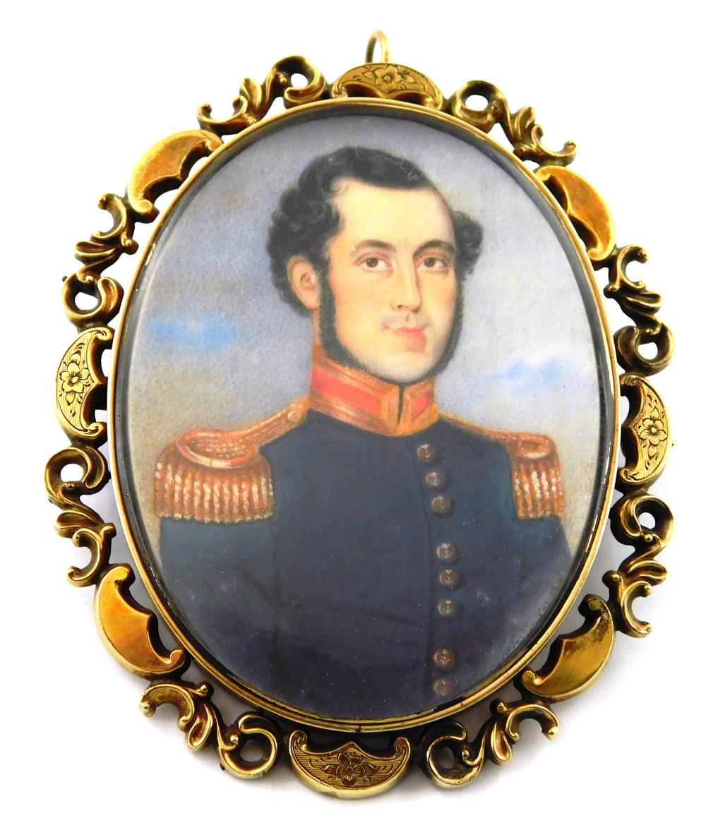 MINIATURES: Military man, most likely depicting a Marine Officer in English Napoleonic War, oval support, young man with dark hair a...