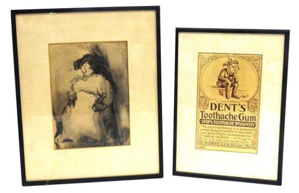Two works on paper: Galvez (20th C.) watercolor and ink drawing on paper, c. 1948, portrait depicting seated female wearing bonnet a...