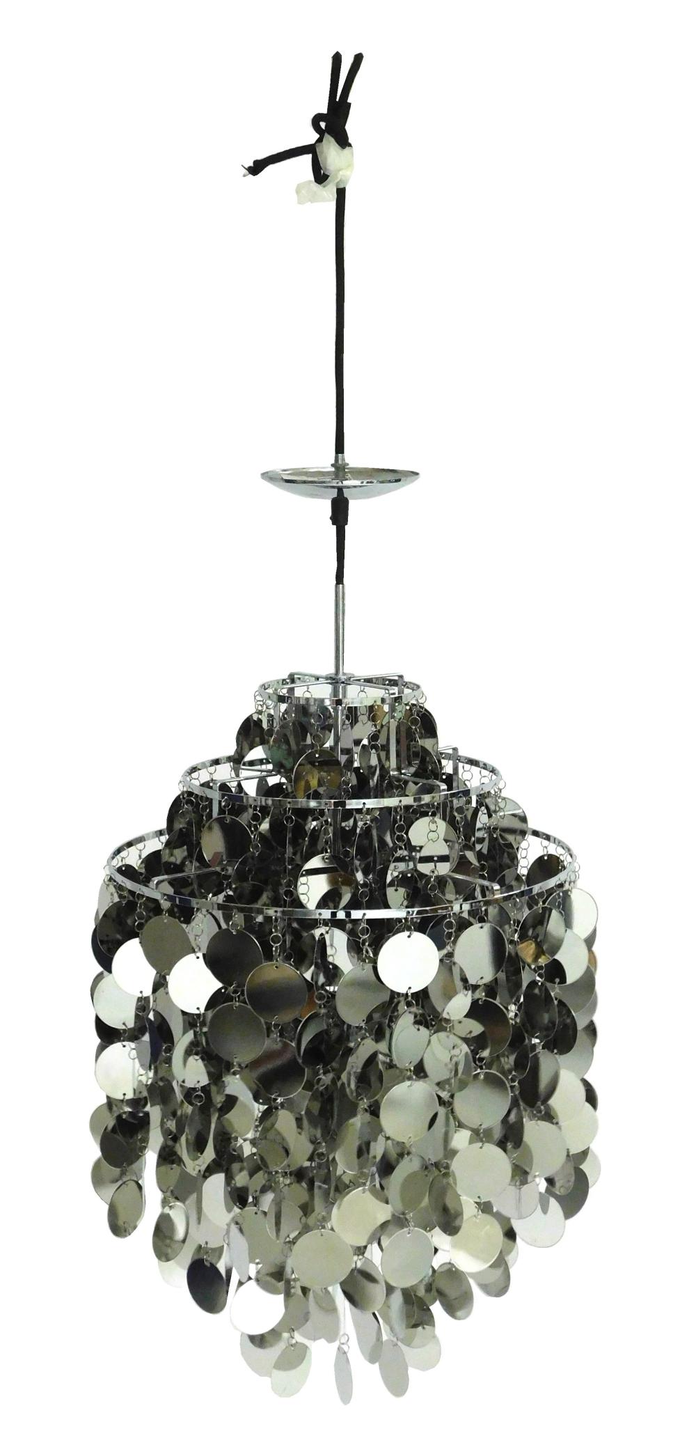 +Verner Panton "Fun" polished chrome disc chandelier, re-issued in cooperation with the Panton Estate, manufactured by Luminaire, wh...